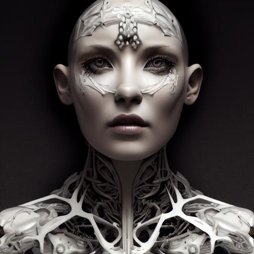 complex 3 d render, hyper detailed, ultrasharp, fascinating stunning beautiful biomechanical female cyborg with a porcelain profile face, white goddess with a visible detailed brain, grey matter and neurons, tattoos, analog, 1 5 0 mm lens, silver gold red filigree details, beautiful natural abundent rim light, big leaves and stems, roots, fine foliage lace, alexander mcqueen high fashion haute couture, pearl earring, art nouveau fashion embroidered, steampunk, hexagonal mesh wire, mandelbrot fractal, anatomical, facial muscles, cable wires, microchip, elegant, hyper realistic, ultra detailed, octane render, h. r. giger style, volumetric lighting, 8 k post - production --test --creative --upbeta