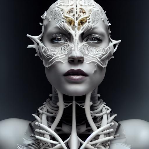 complex 3 d render, hyper detailed, ultrasharp, fascinating stunning beautiful biomechanical female cyborg with a porcelain profile face, white goddess with a visible detailed brain, grey matter and neurons, tattoos, analog, 1 5 0 mm lens, silver gold red filigree details, beautiful natural abundent rim light, big leaves and stems, roots, fine foliage lace, alexander mcqueen high fashion haute couture, pearl earring, art nouveau fashion embroidered, steampunk, hexagonal mesh wire, mandelbrot fractal, anatomical, facial muscles, cable wires, microchip, elegant, hyper realistic, ultra detailed, octane render, h. r. giger style, volumetric lighting, 8 k post - production --test --creative --upbeta