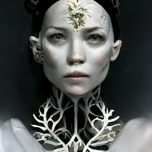 complex 3 d render, hyper detailed, ultrasharp, fascinating stunning beautiful biomechanical female cyborg with a porcelain profile face, white goddess with a visible detailed brain, grey matter and neurons, tattoos, analog, 1 5 0 mm lens, silver gold red filigree details, beautiful natural abundent rim light, big leaves and stems, roots, fine foliage lace, alexander mcqueen high fashion haute couture, pearl earring, art nouveau fashion embroidered, steampunk, hexagonal mesh wire, mandelbrot fractal, anatomical, facial muscles, cable wires, microchip, elegant, hyper realistic, ultra detailed, octane render, h. r. giger style, volumetric lighting, 8 k post - production