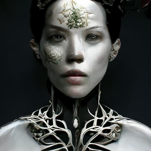 complex 3 d render, hyper detailed, ultrasharp, fascinating stunning beautiful biomechanical female cyborg with a porcelain profile face, white goddess with a visible detailed brain, grey matter and neurons, tattoos, analog, 1 5 0 mm lens, silver gold red filigree details, beautiful natural abundent rim light, big leaves and stems, roots, fine foliage lace, alexander mcqueen high fashion haute couture, pearl earring, art nouveau fashion embroidered, steampunk, hexagonal mesh wire, mandelbrot fractal, anatomical, facial muscles, cable wires, microchip, elegant, hyper realistic, ultra detailed, octane render, h. r. giger style, volumetric lighting, 8 k post - production