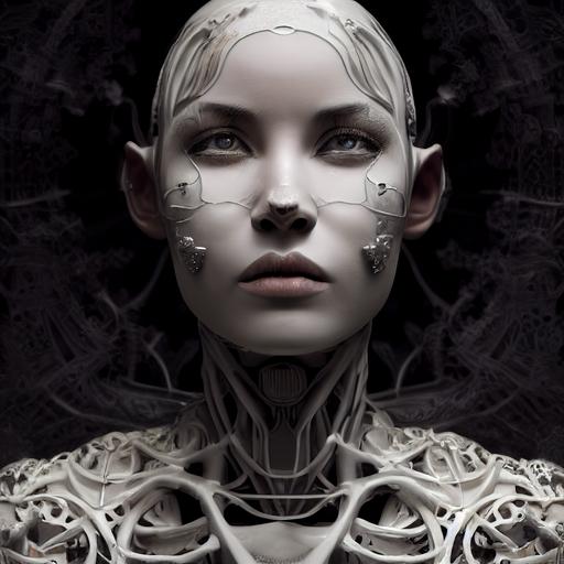 complex 3 d render, hyper detailed, ultrasharp, fascinating stunning beautiful biomechanical female cyborg with a porcelain profile face, white goddess with a visible detailed brain, grey matter and neurons, tattoos, analog, 1 5 0 mm lens, silver gold red filigree details, beautiful natural abundent rim light, big leaves and stems, roots, fine foliage lace, alexander mcqueen high fashion haute couture, pearl earring, art nouveau fashion embroidered, steampunk, hexagonal mesh wire, mandelbrot fractal, anatomical, facial muscles, cable wires, microchip, elegant, hyper realistic, ultra detailed, octane render, h. r. giger style, volumetric lighting, 8 k post - production --test --creative --upbeta