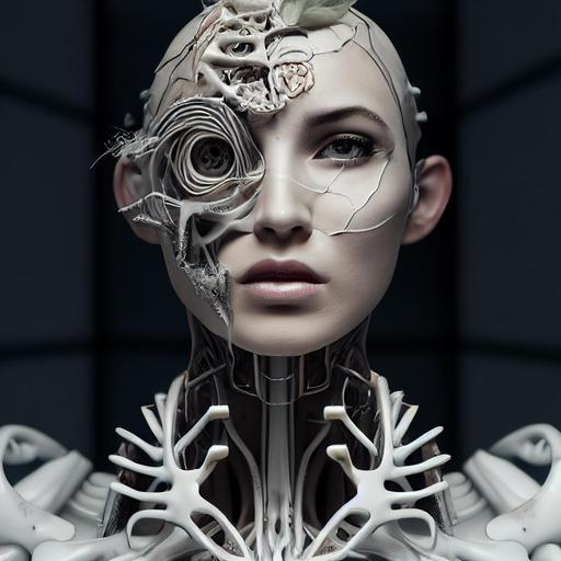 complex 3 d render, hyper detailed, ultrasharp, fascinating stunning beautiful biomechanical female cyborg with a porcelain profile face, white goddess with a visible detailed brain, grey matter and neurons, tattoos, analog, 1 5 0 mm lens, silver gold red filigree details, beautiful natural abundent rim light, big leaves and stems, roots, fine foliage lace, alexander mcqueen high fashion haute couture, pearl earring, art nouveau fashion embroidered, steampunk, hexagonal mesh wire, mandelbrot fractal, anatomical, facial muscles, cable wires, microchip, elegant, hyper realistic, ultra detailed, octane render, h. r. giger style, volumetric lighting, 8 k post - production --test --creative --upbeta