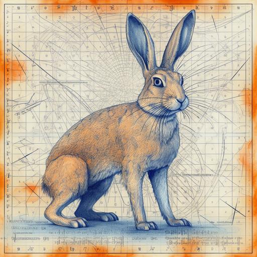 computational templates electrical circuits rabbits and lynxes engraving mathematical drawing, labels 16th century, datavisualization pure orange and desaturated blue white background