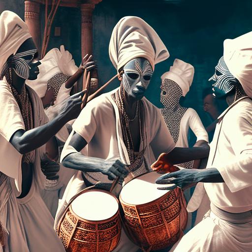 computer generated AI images of Haitian Men and Women in white dancing ritual voodoo   men with drums dressed in black hidden faces