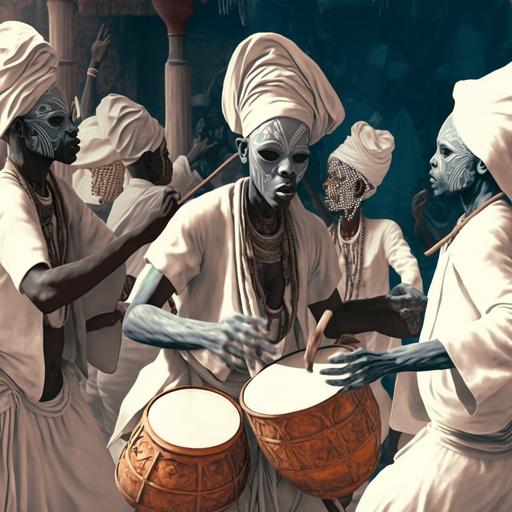 computer generated AI images of Haitian Men and Women in white dancing ritual voodoo   men with drums dressed in black hidden faces