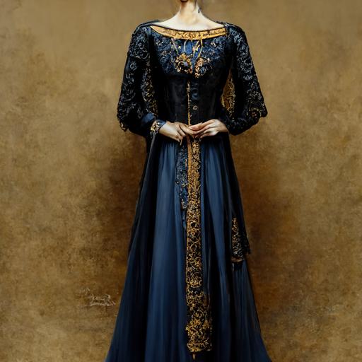 Elegant, feminine, long-stretched royal tutor with a rather dull dark blue with luxurious black fur but little decoration Middle-aged woman's medieval European style of dress, 8k, hyper realism