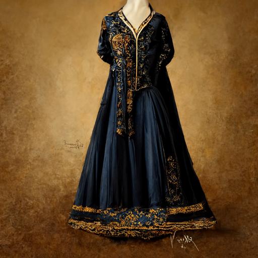 Elegant, feminine, long-stretched royal tutor with a rather dull dark blue with luxurious black fur but little decoration Middle-aged woman's medieval European style of dress, 8k, hyper realism