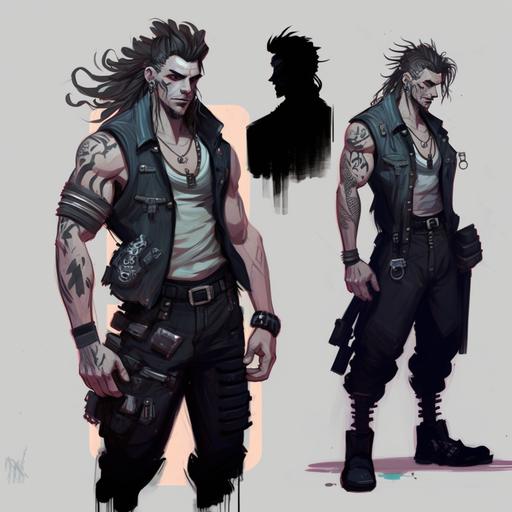 In the style of Arcane, dark style, visible brush strokes, a character in feet, character design board, a very muscular man with a sleeveless jean jacket and a mullet cut, he has modern speakers in feet, in the street style, he has a cyborg eye, a little cyberpunk, he has a shotgun in the hand and smokes a cigarette with the other hand, 8k