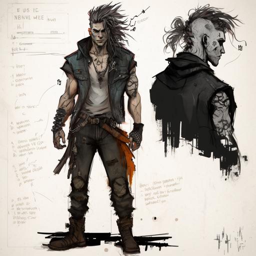 In the style of Arcane, dark style, visible brush strokes, a character in feet, character design board, a very muscular man with a sleeveless jean jacket and a mullet cut, he has modern speakers in feet, in the street style, he has a cyborg eye, a little cyberpunk, he has a shotgun in the hand and smokes a cigarette with the other hand, 8k