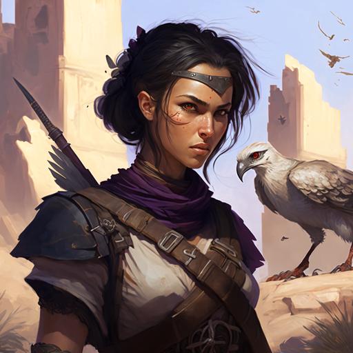 concept art, digital painting, Akoris is a 26-years old Ranger, Akoris has dark short hair, Akoris has white skin, Akoris wears a bow, Akoris is half-bird half-human, the background is a medieval ruin in the desert, in the style of magic the gathering, dnd fifth edition