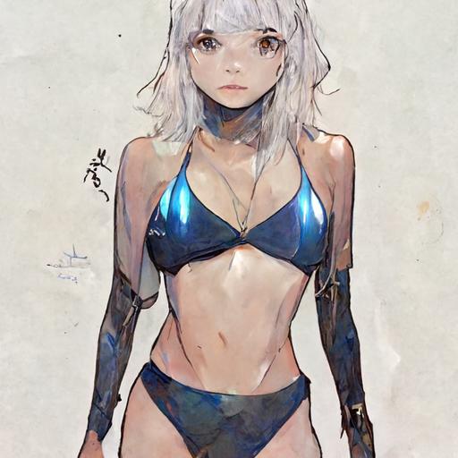 concept art, full body, 5beautiful anime girl in wearing a blue bikini, How to draw moe anime eyes, middle silver hair, granblue fantasy,nier automata, high detail --q 0.5