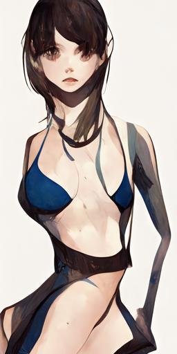 concept art, full body, beautiful anime girl in wearing a blue bikini, How to draw moe anime eyes, middle silver hair, granblue fantasy,nier automata, high detail --stylize 625 --q 0.25   --w 291 --h 614 --uplight