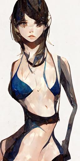 concept art, full body, beautiful anime girl in wearing a blue bikini, How to draw moe anime eyes, middle silver hair, granblue fantasy,nier automata, high detail --stylize 625 --q 0.25   --w 291 --h 614