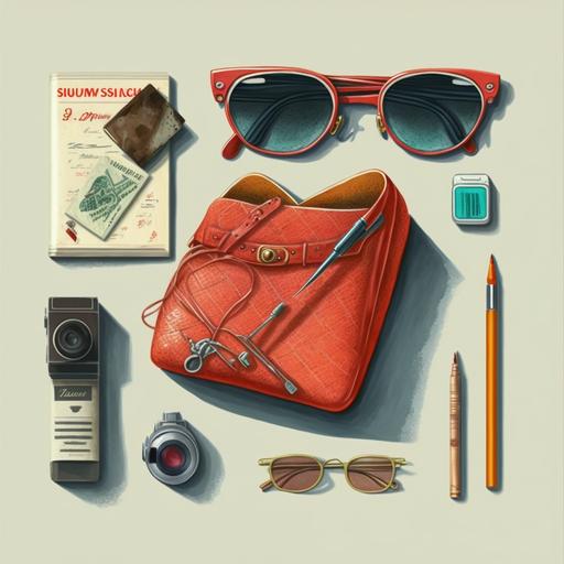 concept art high quality top-down view from above of women's red stilleto shoes, cigarettes, revolver pistol, bag of clothes and money, rayban sunglasses, book of matches, 80s cell phone on the roadside Route 66 in the style of 80s American crime novel--v 4