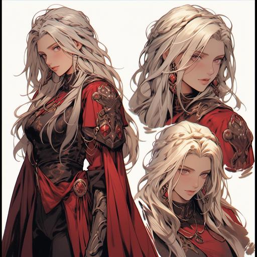 concept art of female battlemage, white hair, gold jewelry, wearing red and black clothing, beautiful, fantasy --niji 5 --s 1000