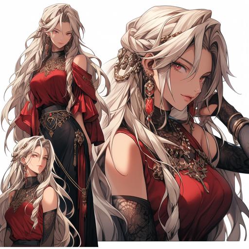 concept art of female battlemage, white hair, gold jewelry, wearing red and black clothing, beautiful, fantasy --niji 5 --s 1000