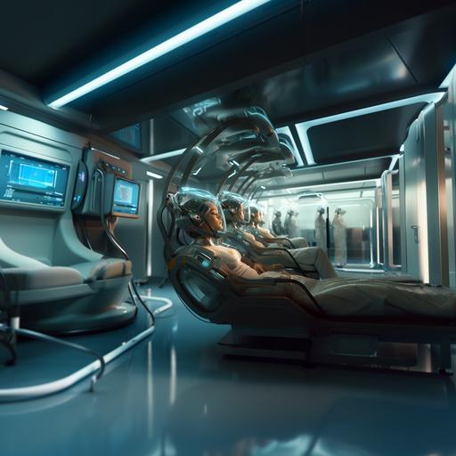 concept art of sick people in medical stretcher in a futuristic hospital, they have a helmet on their head with cable