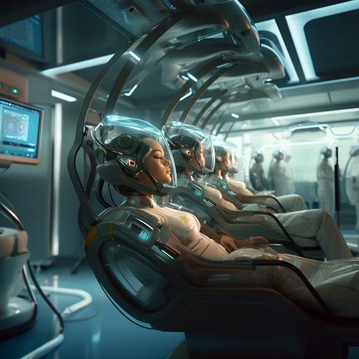 concept art of sick people in medical stretcher in a futuristic hospital, they have a helmet on their head with cable
