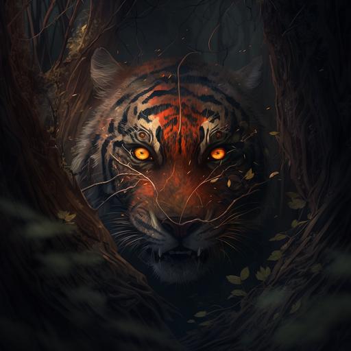 concept art with digital painting dark background scary tiger lurking in forest yellow eyes scar across eye red black claw