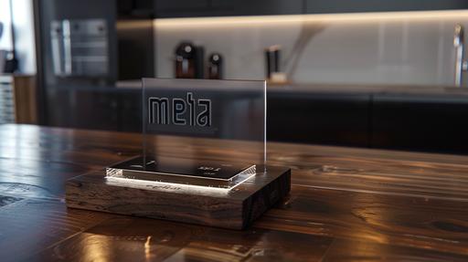 concept bespoke glass and plastic stand, with a digital clock on the bottom and embosses logo that reads 