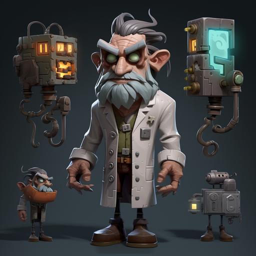 concept character design, game character, square head, cube character, villain, mad scientist