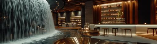 concept photo, interior of modern luxury underground hotel bar, bar stools with bar countertops, bar wall shelves, elegant, gorgeous, wide shot, full shot --no windows, sky, natural light --v 6.0 --ar 127:36