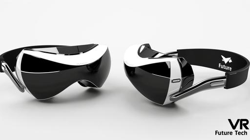 conceptual VR headset, black and white with metal accents, very futuristic, sleek, stylish, future materials, on the left side, on the right 