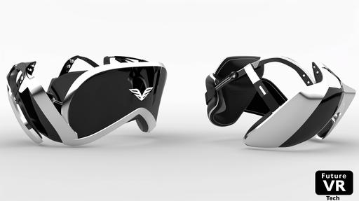 conceptual VR headset, black and white with metal accents, very futuristic, sleek, stylish, future materials, on the left side, on the right 