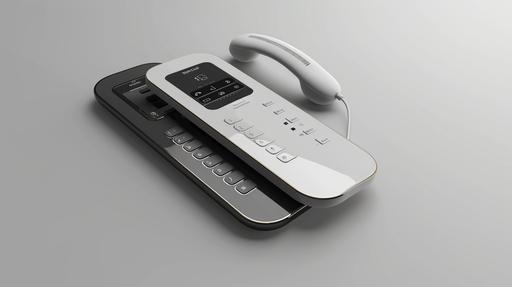 conceptual matte black, white with metal accents, cordless phone concept, with digital display --ar 16:9 --s 50