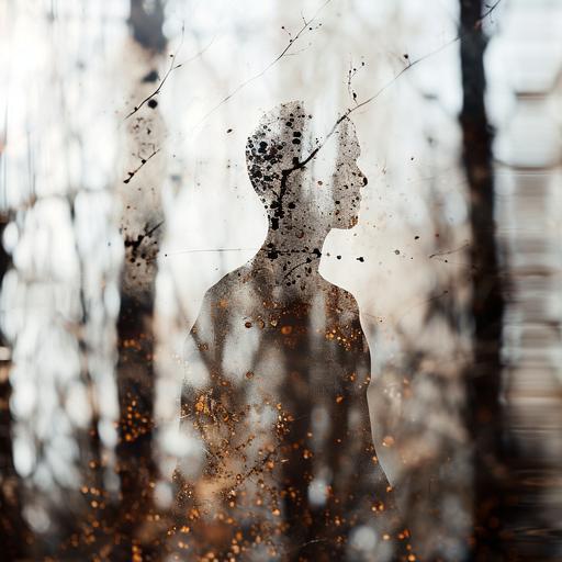 conceptual surreal forest, a small shadow-like body of a person, blurred, unrecognizable facial features, made of dots, double exposure, interplay with light and shadows, white and rust colors, made of rust and concrete --v 6.0