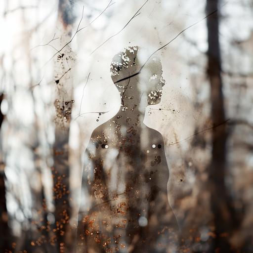 conceptual surreal forest, a small shadow-like body of a person, blurred, unrecognizable facial features, made of dots, double exposure, interplay with light and shadows, white and rust colors, made of rust and concrete --v 6.0