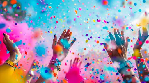 confetti, color blast, color bomb, outdoor festival, party, hands in the air --ar 16:9
