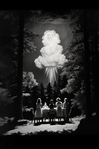 coniferous | by mierlu::0 stressful footage of a 1800’s freaky family in a United States coniferous forest with some scary animals and nuclear explosion away in the sky, photographed by man ray --ar 2:3 --v 5.2