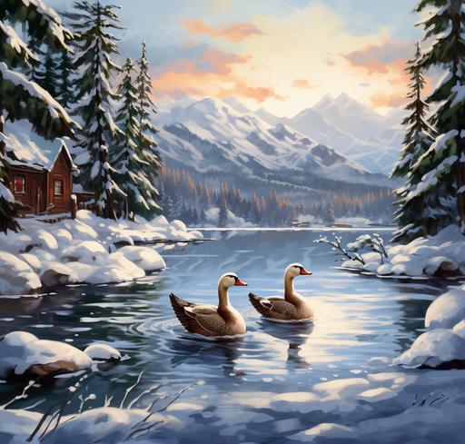 coniferous forest around a lake on which ducks are swimming, all in snow, far behind mountains, hilly terrain::4 in the foreground, ducks swim by the snowy shore of the beach::3 anime style, anime art, bright picture, backlight::1 --ar 22:21