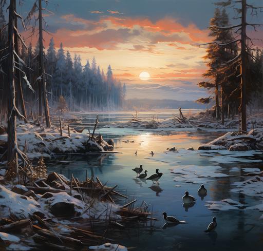 coniferous forest around a lake on which ducks are swimming, all in snow, far behind mountains, hilly terrain::4 Planks from a broken boat stick out of the water, a fisherman's tent stands on the far bank::2 in the foreground, ducks swim by the snowy shore of the beach::3 anime style, anime art, bright picture, backlight::1 --ar 22:21