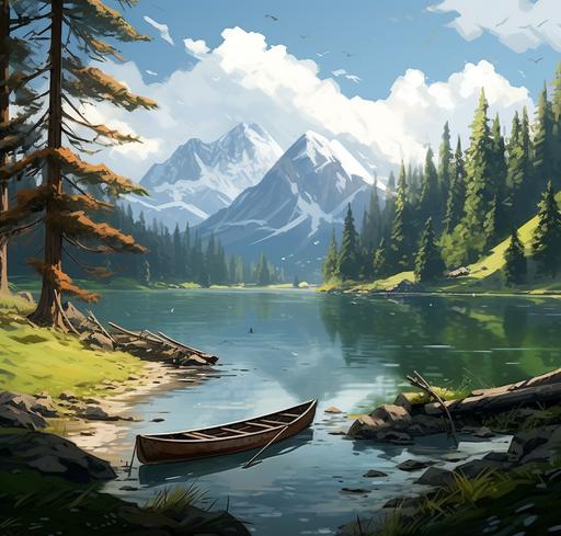 coniferous forest around a lake on which ducks are swimming, all in snow, far behind mountains, hilly terrain, anime style anime art, The smaller part of a small broken wooden fishing boat is sticking out of the water, anime style anime art --ar 22:21