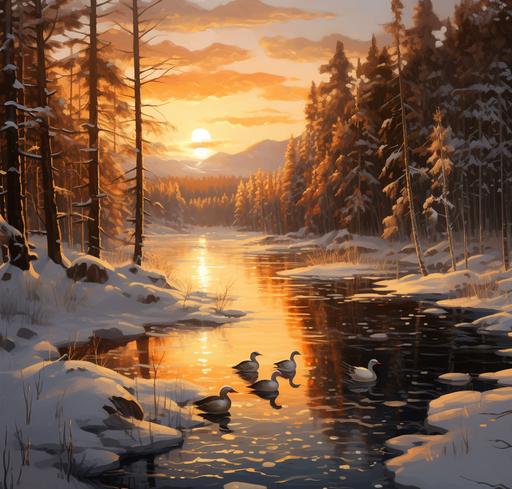 coniferous forest around a lake on which ducks are swimming, all in snow, far behind mountains, hilly terrain::3 Planks from a broken boat stick out of the water, a fisherman's tent stands on the far bank, lots of snow, orange tones of light::2 anime style anime art --ar 22:21