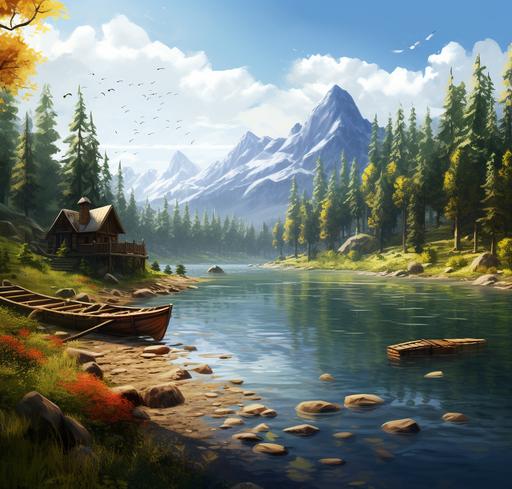 coniferous forest around a lake on which ducks are swimming, all in snow, far behind mountains, hilly terrain::3 Planks from a broken boat stick out of the water, a fisherman's tent stands on the far bank::2 anime style anime art --ar 22:21
