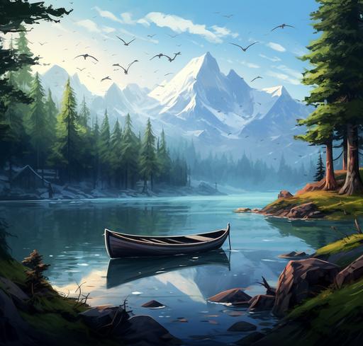 coniferous forest around a lake on which ducks are swimming, all in snow, far behind mountains, hilly terrain, anime style anime art, anime style anime art, There is a small broken wooden fishing boat sticking out of the water, --ar 22:21