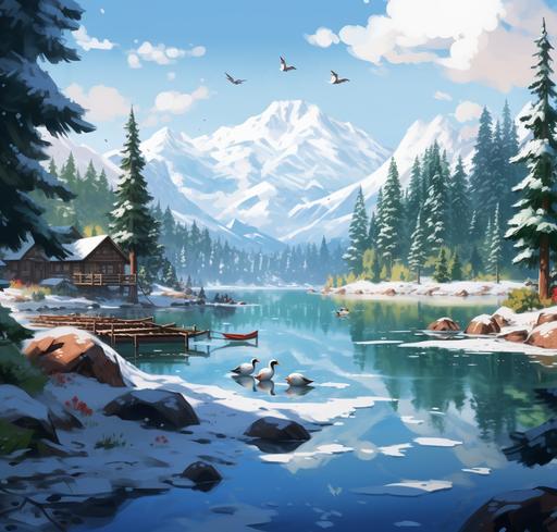coniferous forest around a lake on which ducks are swimming, all in snow, far behind mountains, hilly terrain, anime style anime art, The smaller part of a small broken wooden fishing boat is sticking out of the water, anime style anime art --ar 22:21