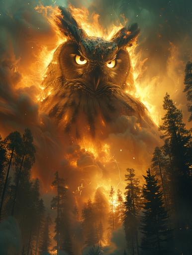 coniferous prehistoric transmogrification, the universe calls the great horned owl kaiju, Earth 2 prehistoric planet, they arrive inside of a devastating tornadic funnel cloud, in the art style of Frank Frazetta and Rafael Grassetti, rim lighting, cinematic lighting, displacement, volumetric clouds fire and smoke, subsurface scattering, ambient occlusion, imax quality visuals, ilm, weta digital, 32k uhd --style raw --s 999 --c 33 --weird .11 --v 6.0 --ar 3:4