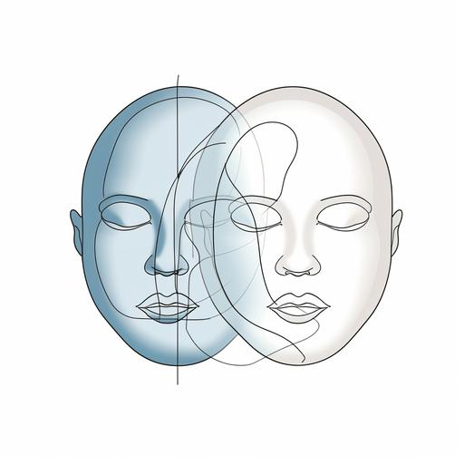 conjoined inflatable heads, ven diagram, line art, vector, simple features, logo