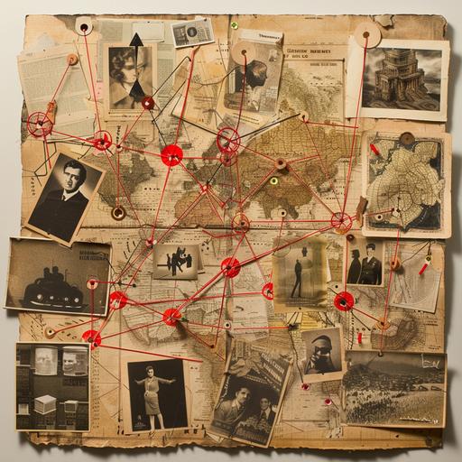 conspiracy theory cork-board pinned with a collage of miscellaneous ephemera, notecards push-pins and red string connect the dots of the theory