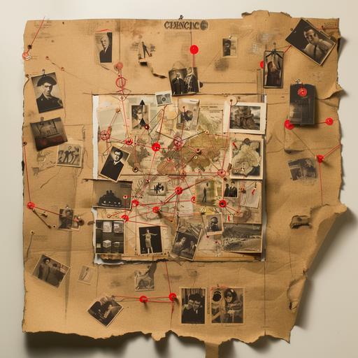 conspiracy theory cork-board pinned with a collage of miscellaneous ephemera, notecards push-pins and red string connect the dots of the theory