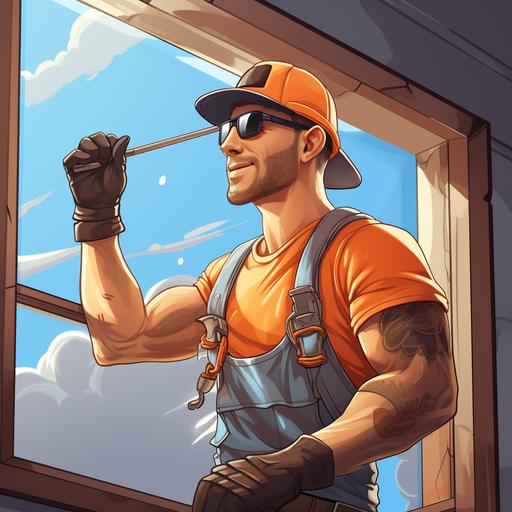 construction worker building a metal window, cartoon style, hyper realistic, ultra detailed