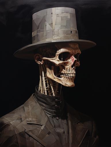 constructivist glitch art, an old drawing of a skeleton with its hat pulled over his head, in the style of dark chiaroscuro figurative paintings, wayne barlowe, dusan djukaric, oil on copper, dave coverly, medieval fantasy, dark silver and dark beige --ar 3:4