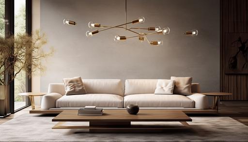 contemporary interior in earthy tones, textured fluffy sofa, coffee table from metal, natural light, --aspect 7:4 --s 50 --style raw