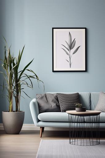 contemporary living room featuring grey walls, a grey couch and a large potted dracaena marginata plant, in the style of light sky-blue and black, new american color photography, naturalistic animal paintings, schlieren photography, monochrome, bauhaus photography, inspired by folklore --ar 85:128
