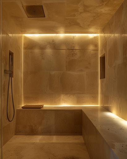 contemporary modern minimal jerusalem stone steam room with mitered edges and recessed LED lighting --s 50 --ar 4:5