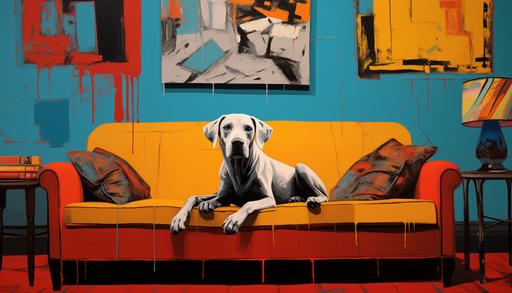 contemporary pop art, dog in a vintage room, --ar 7:4